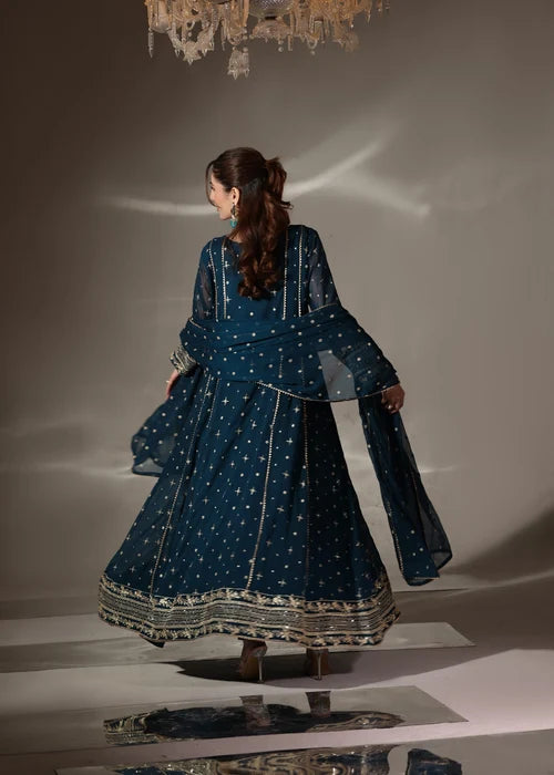 EMB006 Teal Chiffon Pishwas Set - 3 Piece