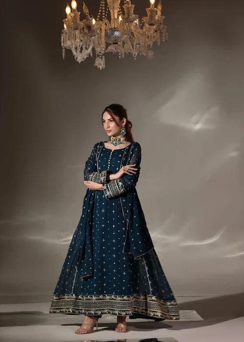 EMB006 Teal Chiffon Pishwas Set - 3 Piece