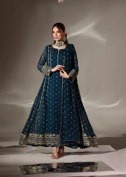 EMB006 Teal Chiffon Pishwas Set - 3 Piece