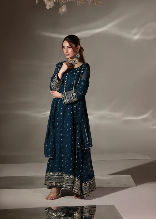 EMB006 Teal Chiffon Pishwas Set - 3 Piece