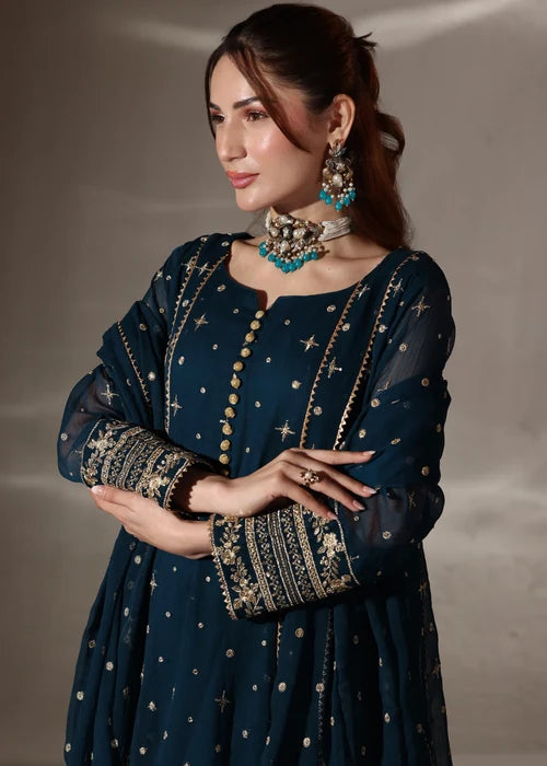 EMB006 Teal Chiffon Pishwas Set - 3 Piece