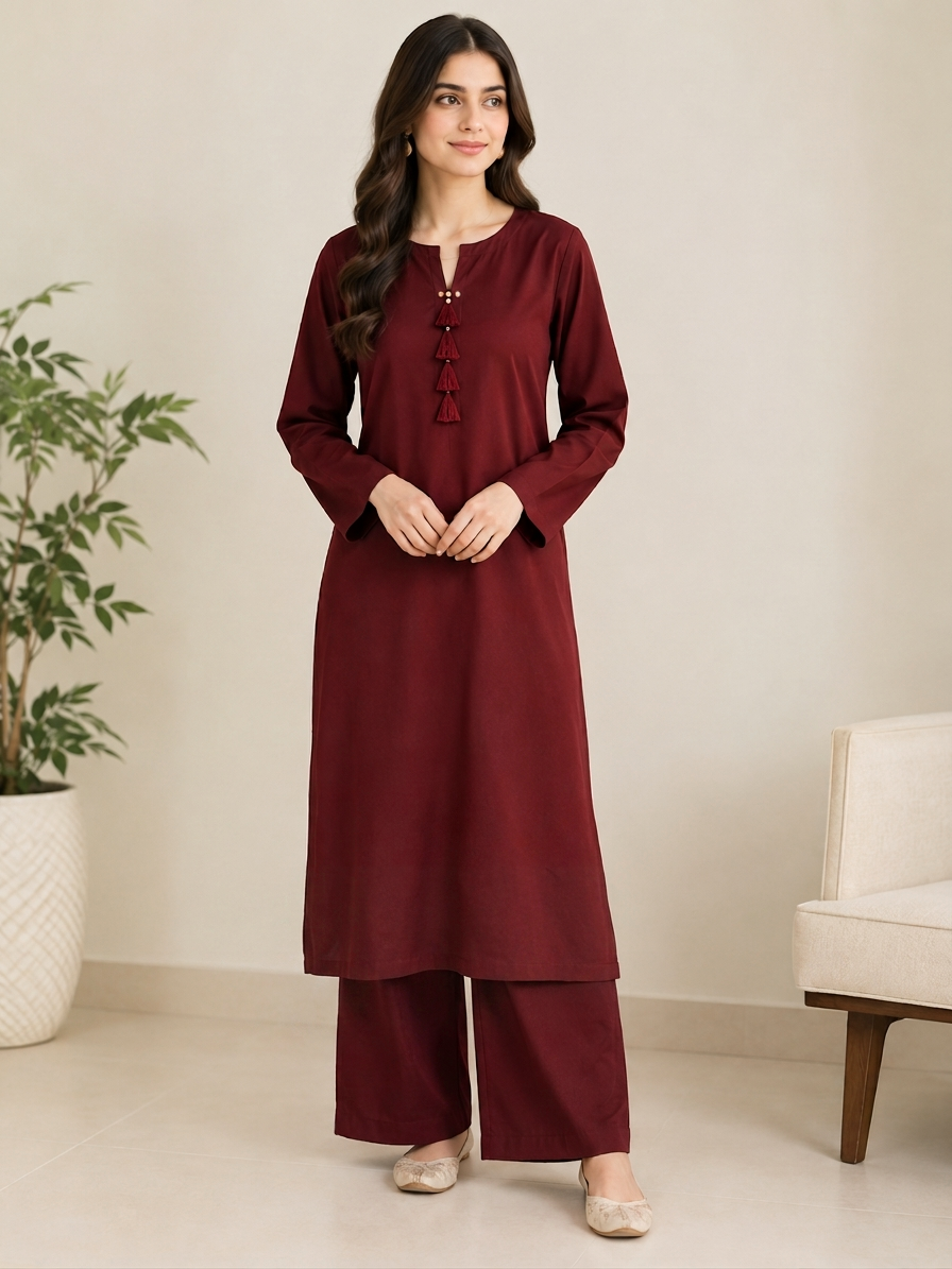 GUL046 Marwa - Maroon Soft Linen 2-Piece Set