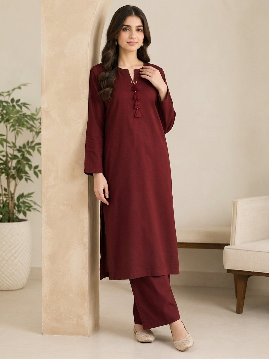 GUL046 Marwa - Maroon Soft Linen 2-Piece Set