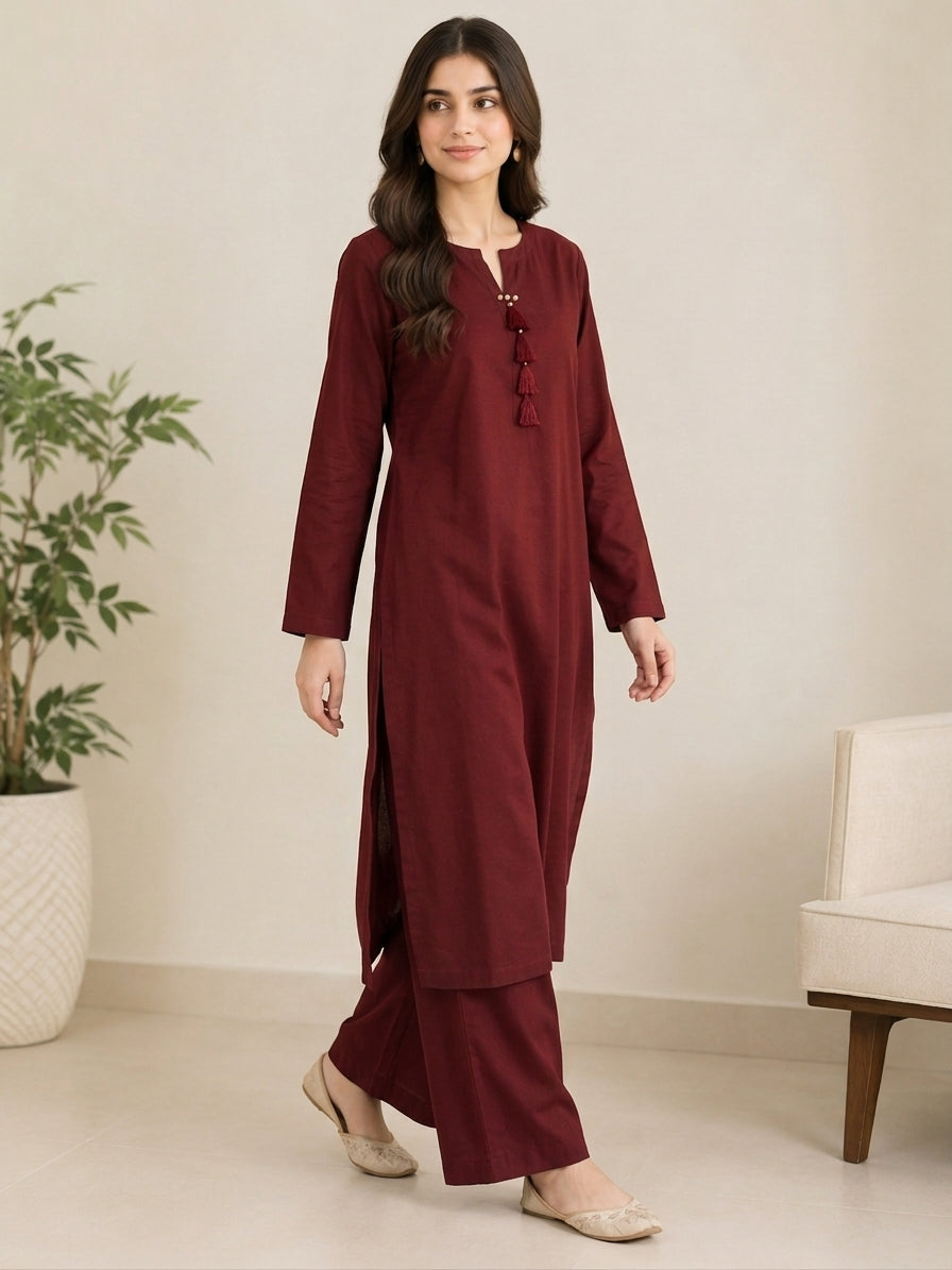 GUL046 Marwa - Maroon Soft Linen 2-Piece Set