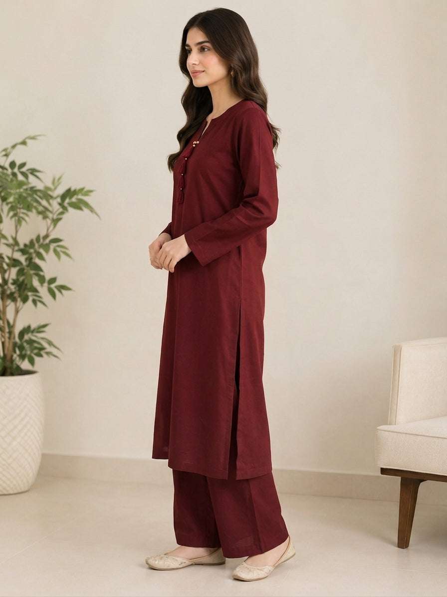 GUL046 Marwa - Maroon Soft Linen 2-Piece Set