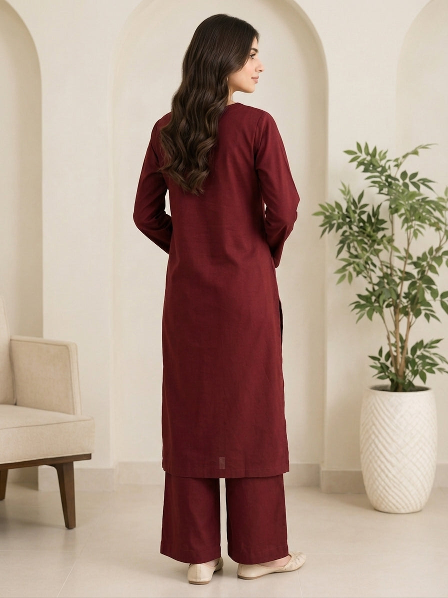 GUL046 Marwa - Maroon Soft Linen 2-Piece Set