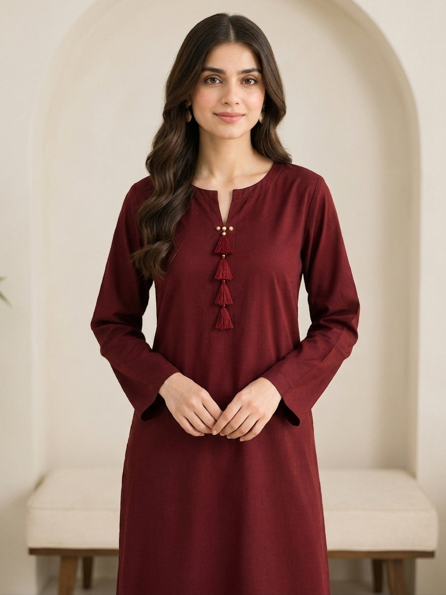 GUL046 Marwa - Maroon Soft Linen 2-Piece Set