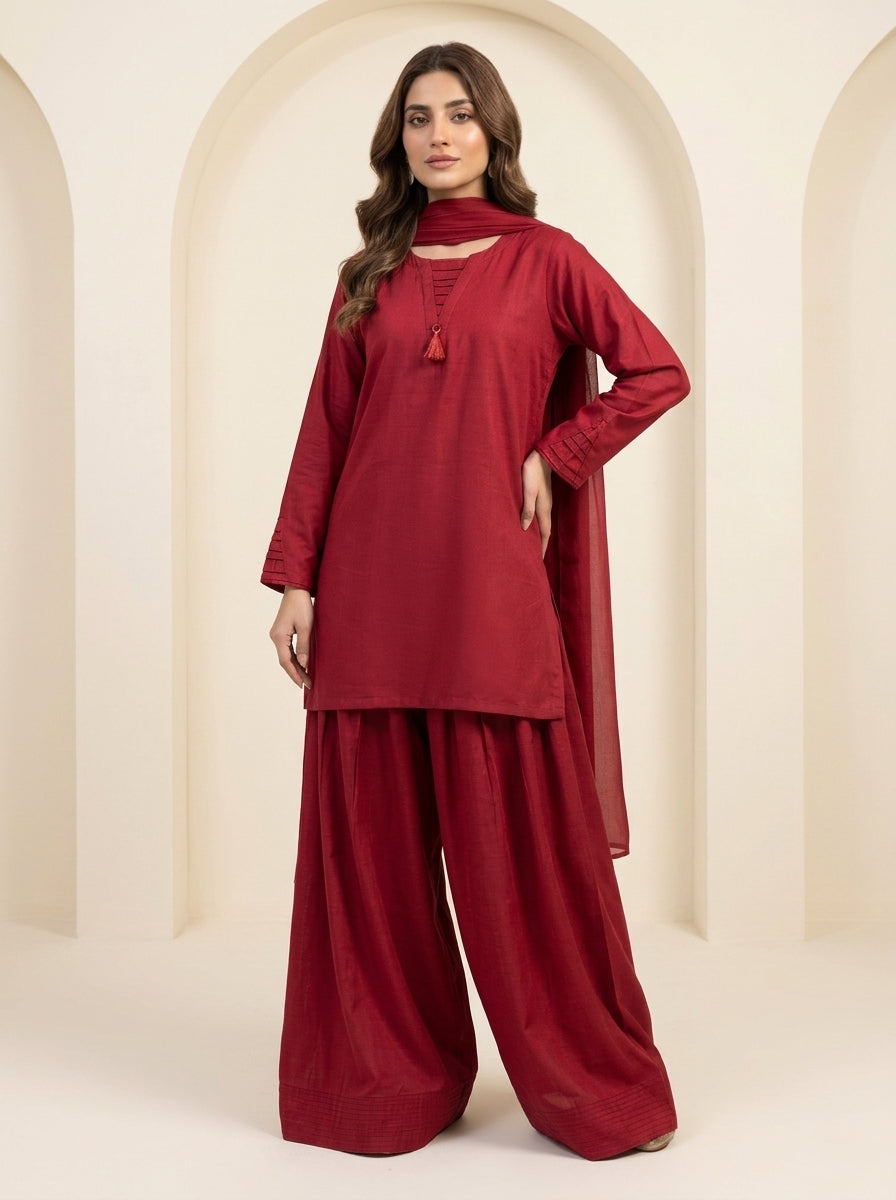 GLS012 Crimson Maroon Linen 3-Piece Set