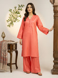 GUL037 Peach Coral Solid Linen Co-Ord Set