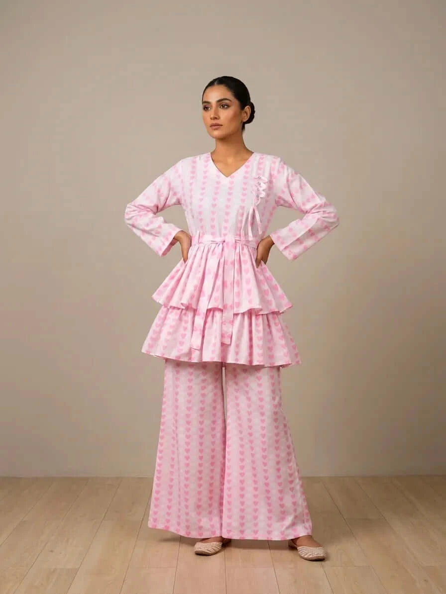 CLF030 Soft Pink Heart Printed Layered Frock & Palazzo