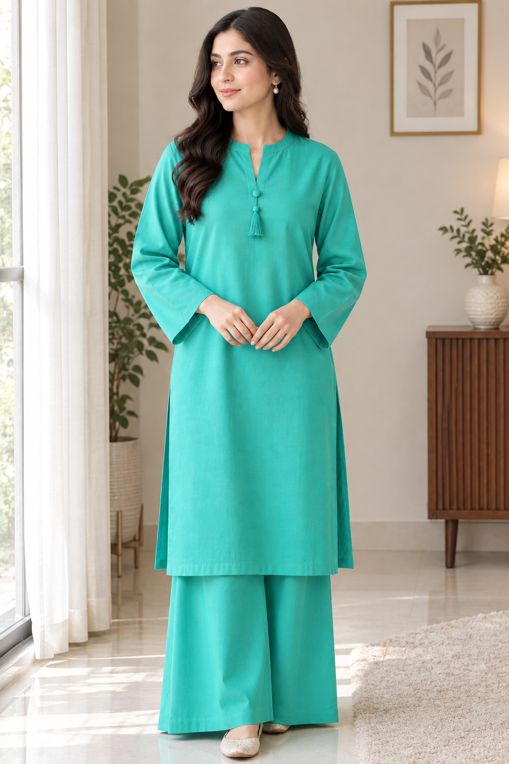 GUL044 Areesha - Bright Mint Green Soft Linen 2-Piece Set