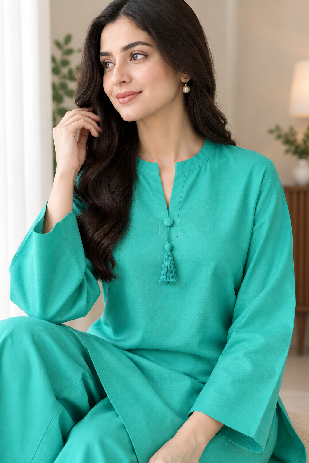 GUL044 Areesha - Bright Mint Green Soft Linen 2-Piece Set