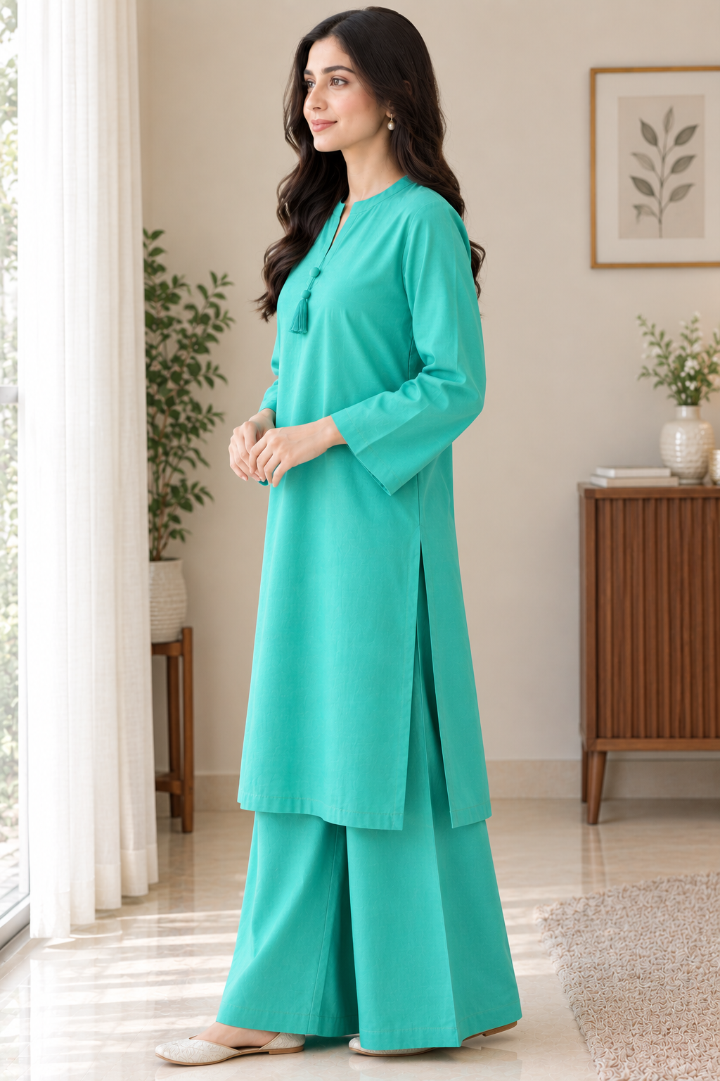 GUL044 Areesha - Bright Mint Green Soft Linen 2-Piece Set