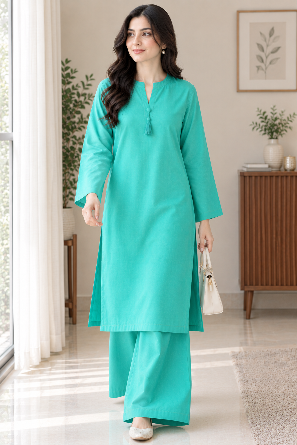 GUL044 Areesha - Bright Mint Green Soft Linen 2-Piece Set