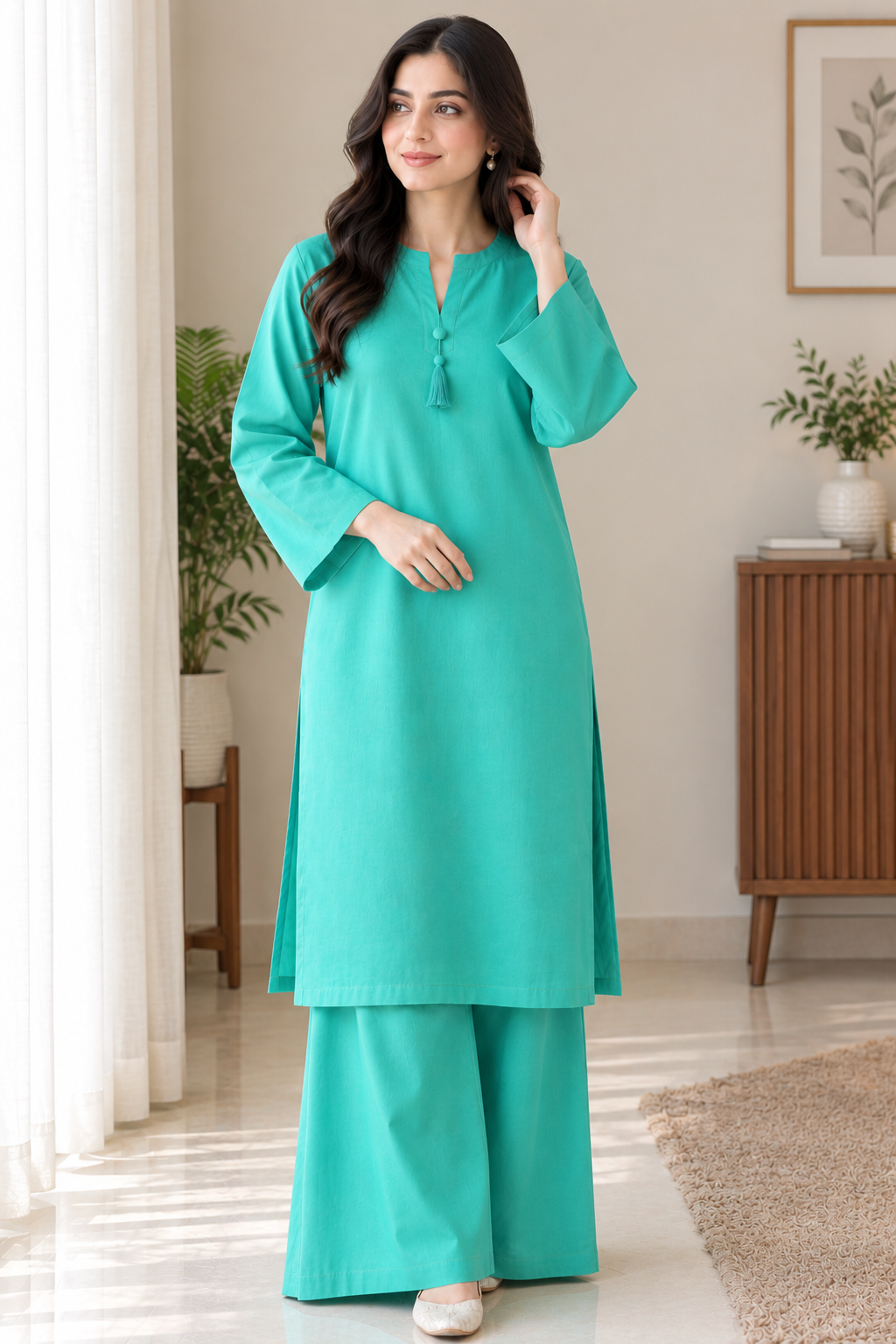 GUL044 Areesha - Bright Mint Green Soft Linen 2-Piece Set