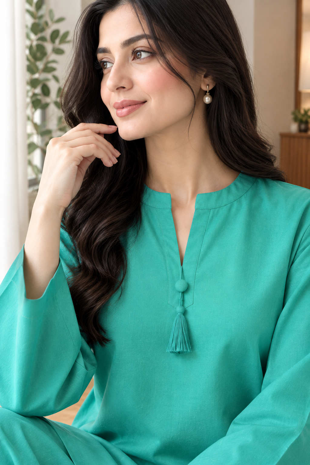 GUL044 Areesha - Bright Mint Green Soft Linen 2-Piece Set