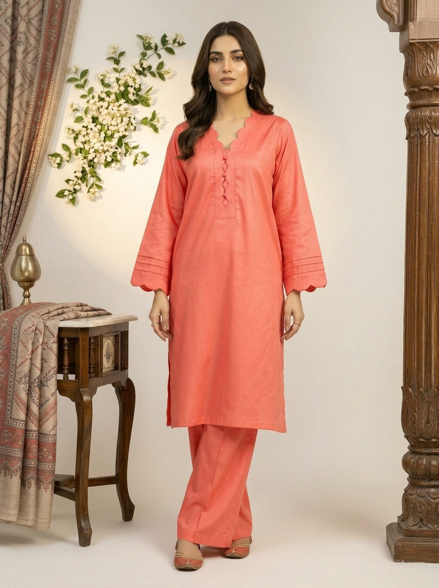GUL037 Peach Coral Solid Linen Co-Ord Set