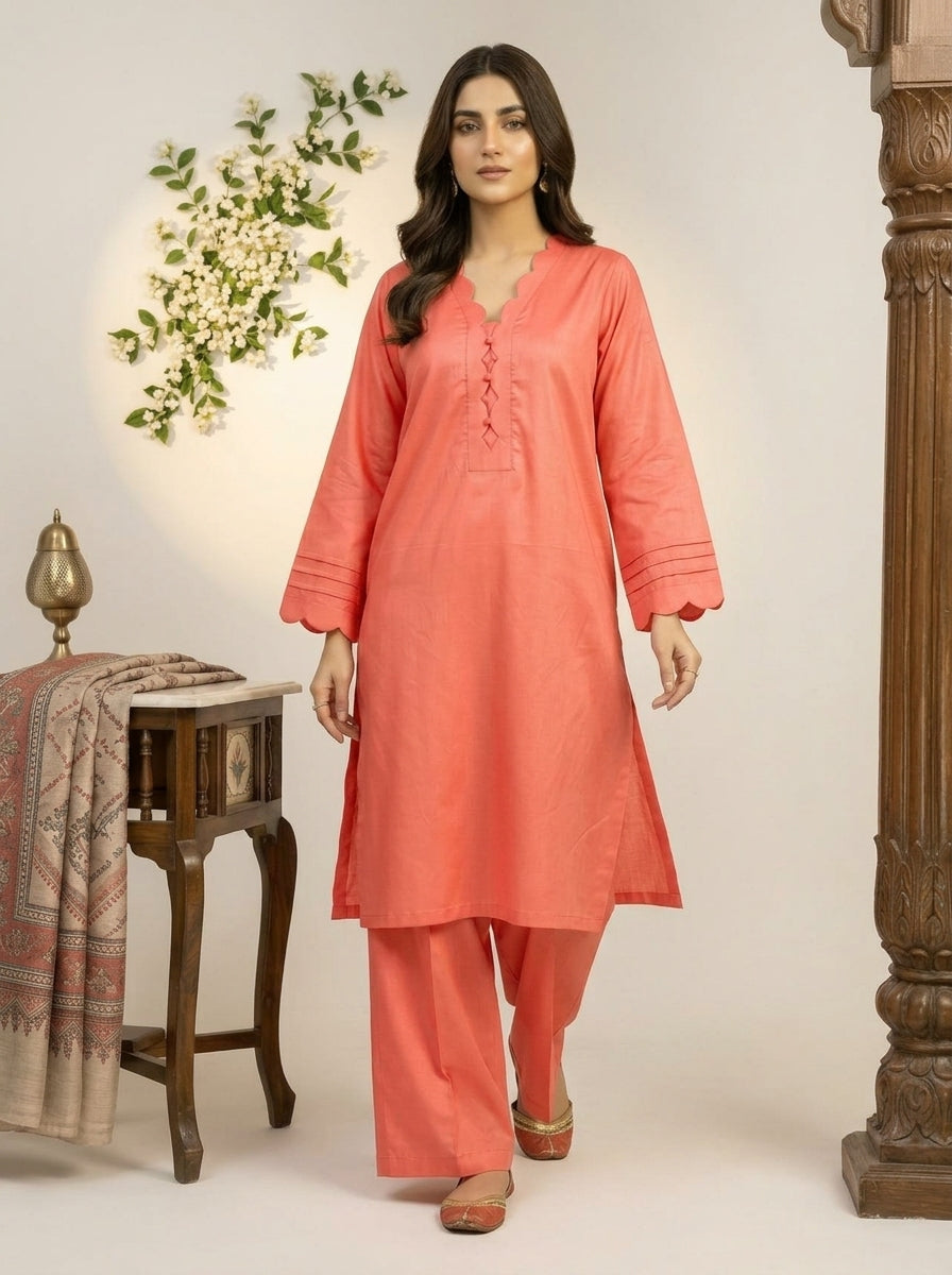 GUL037 Peach Coral Solid Linen Co-Ord Set