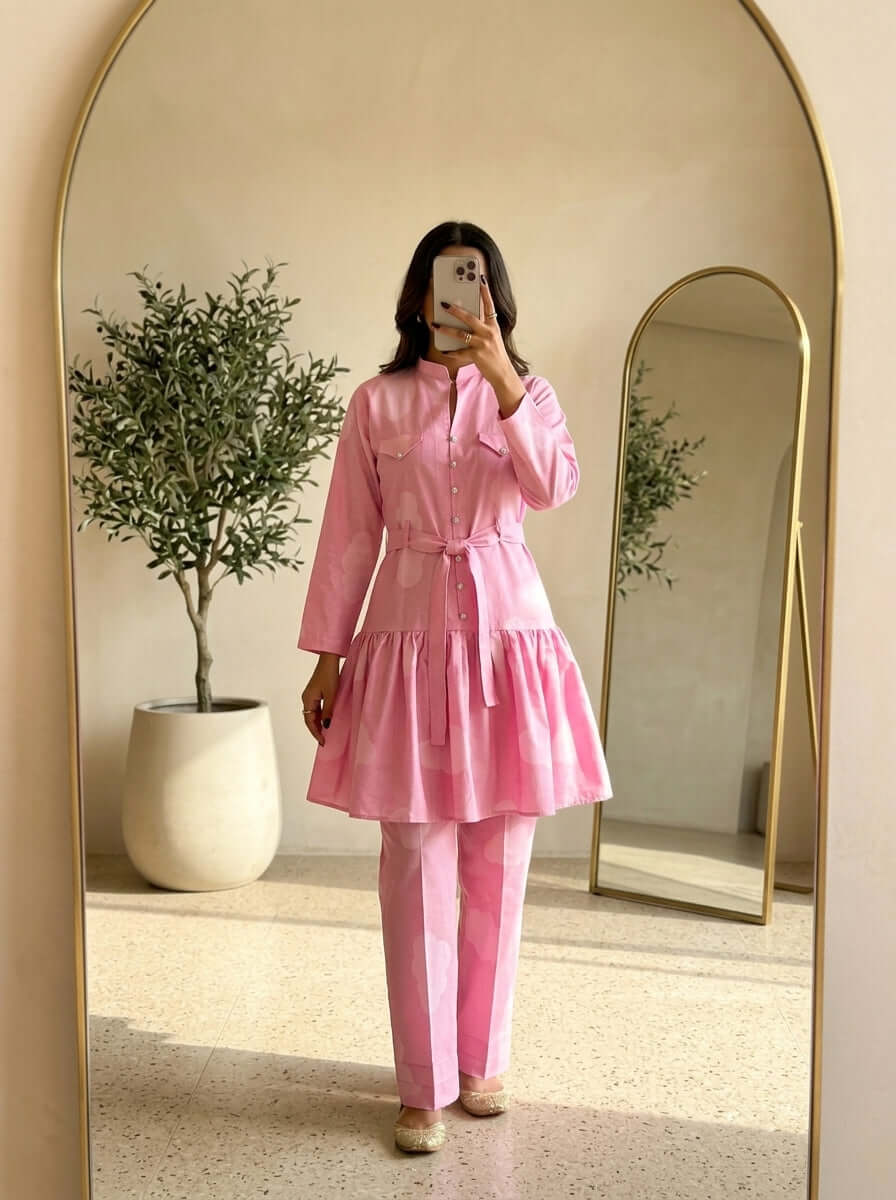 CLF073 Belted Pink Peplum 2-Piece Suit