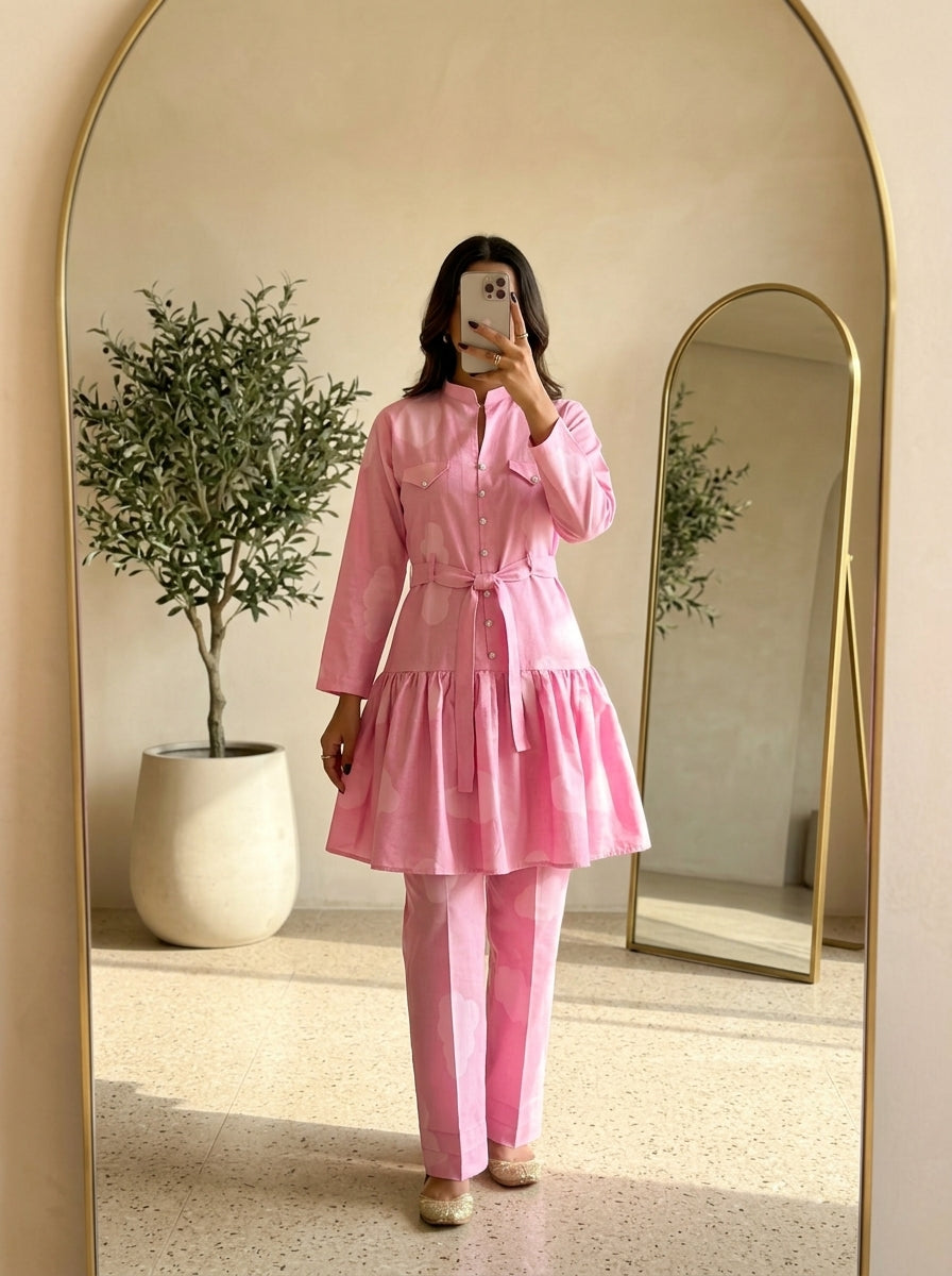 CLF073 Belted Pink Peplum 2-Piece Suit