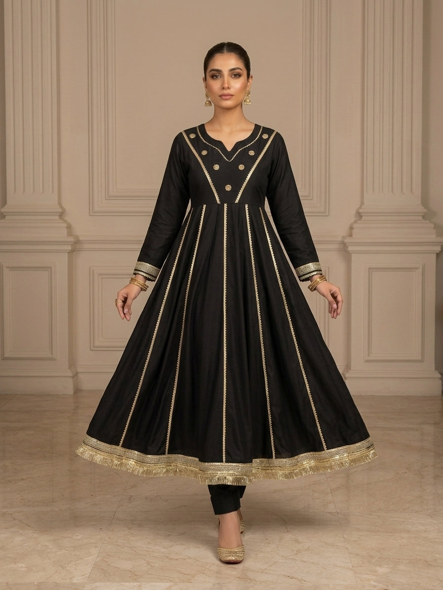 EMB003 Black Embellished Anarkali - 3 Piece