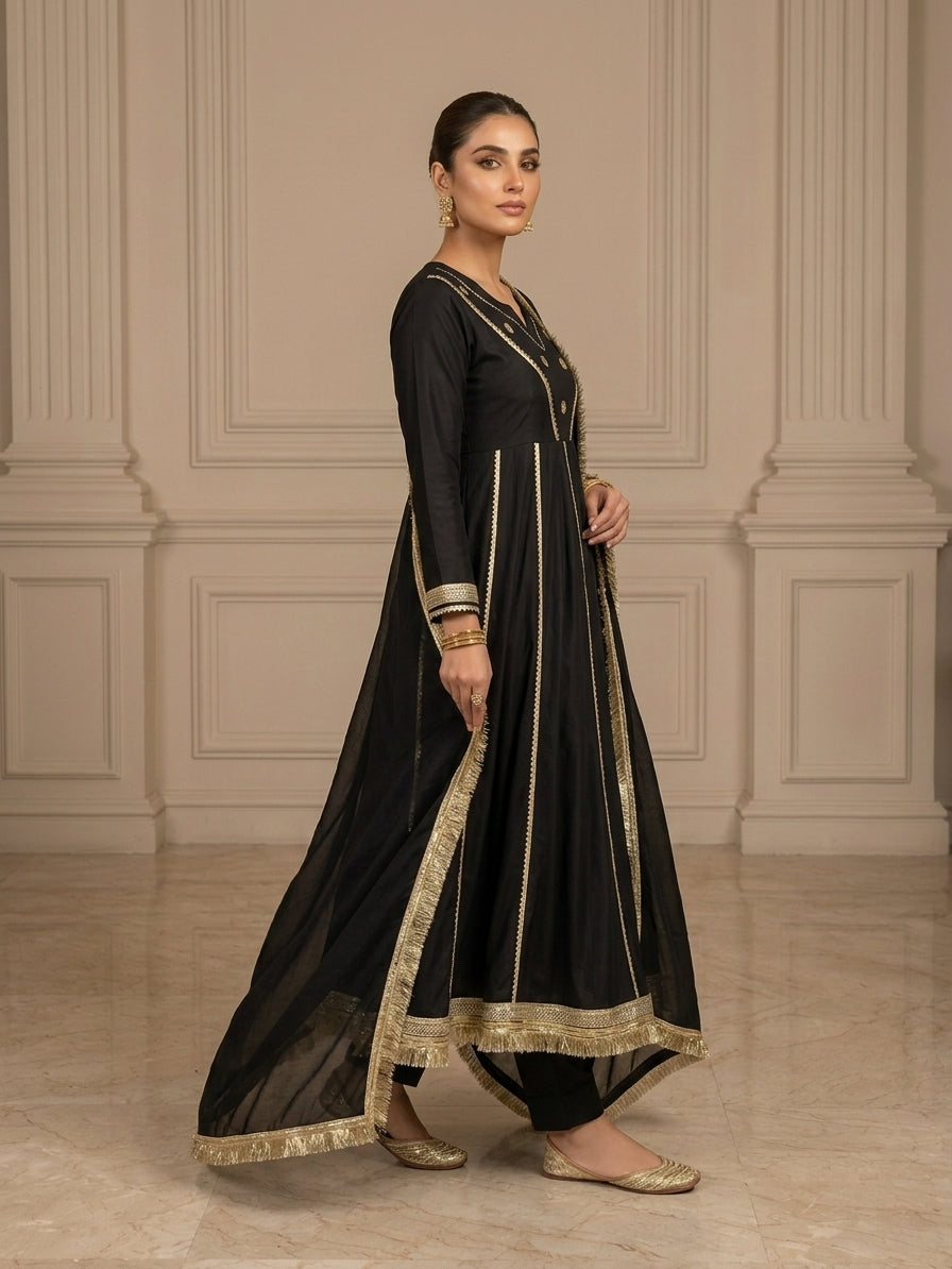 EMB003 Black Embellished Anarkali - 3 Piece