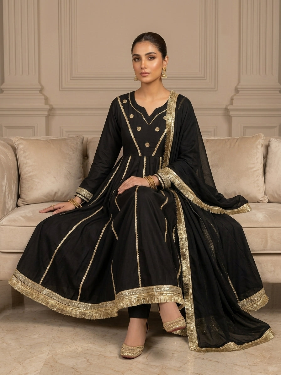 EMB003 Black Embellished Anarkali - 3 Piece