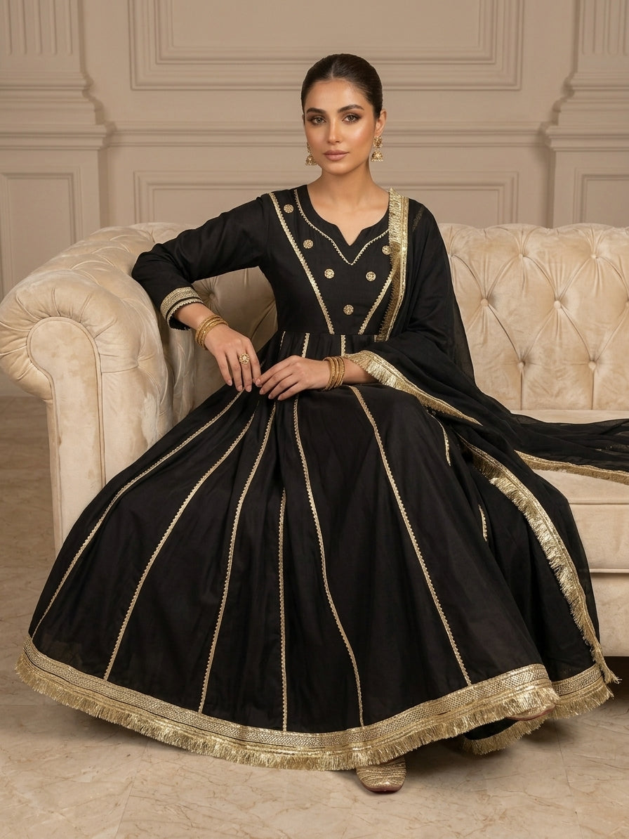 EMB003 Black Embellished Anarkali - 3 Piece