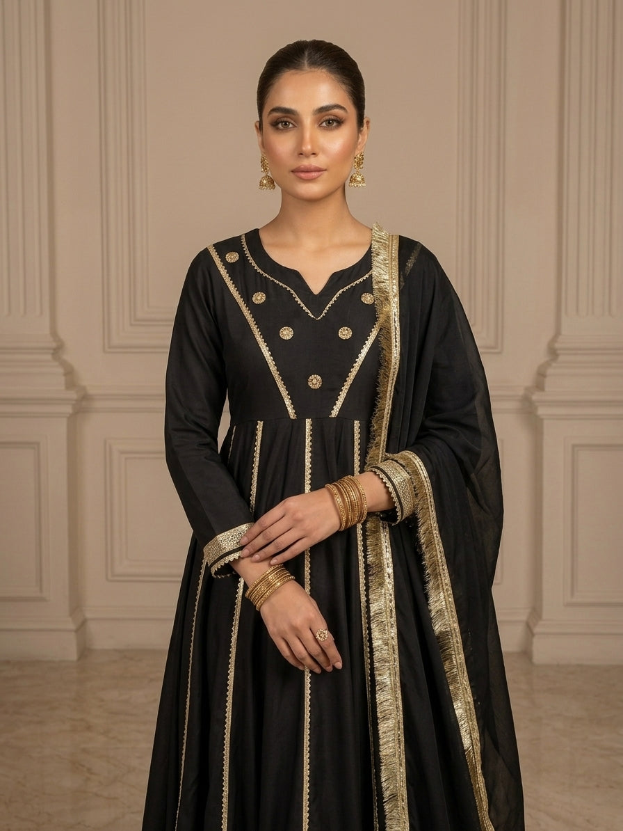 EMB003 Black Embellished Anarkali - 3 Piece