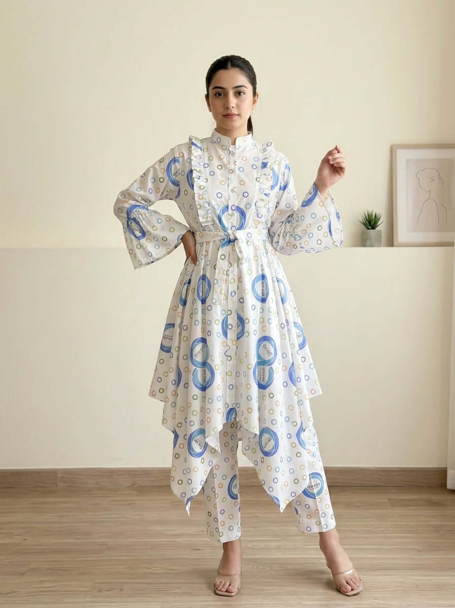CRD020 Ruffled 2-Piece Cotton Dress (Top + Trouser)