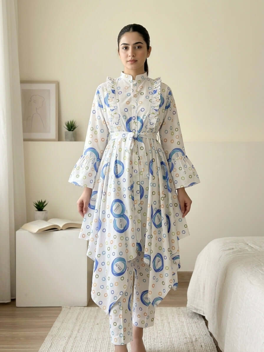 CRD020 Ruffled 2-Piece Cotton Dress (Top + Trouser)