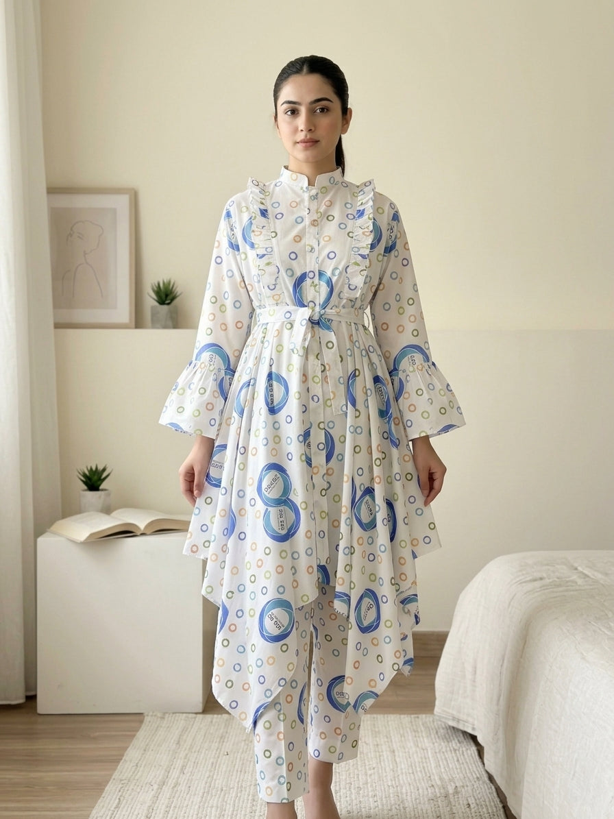 CRD020 Ruffled 2-Piece Cotton Dress (Top + Trouser)