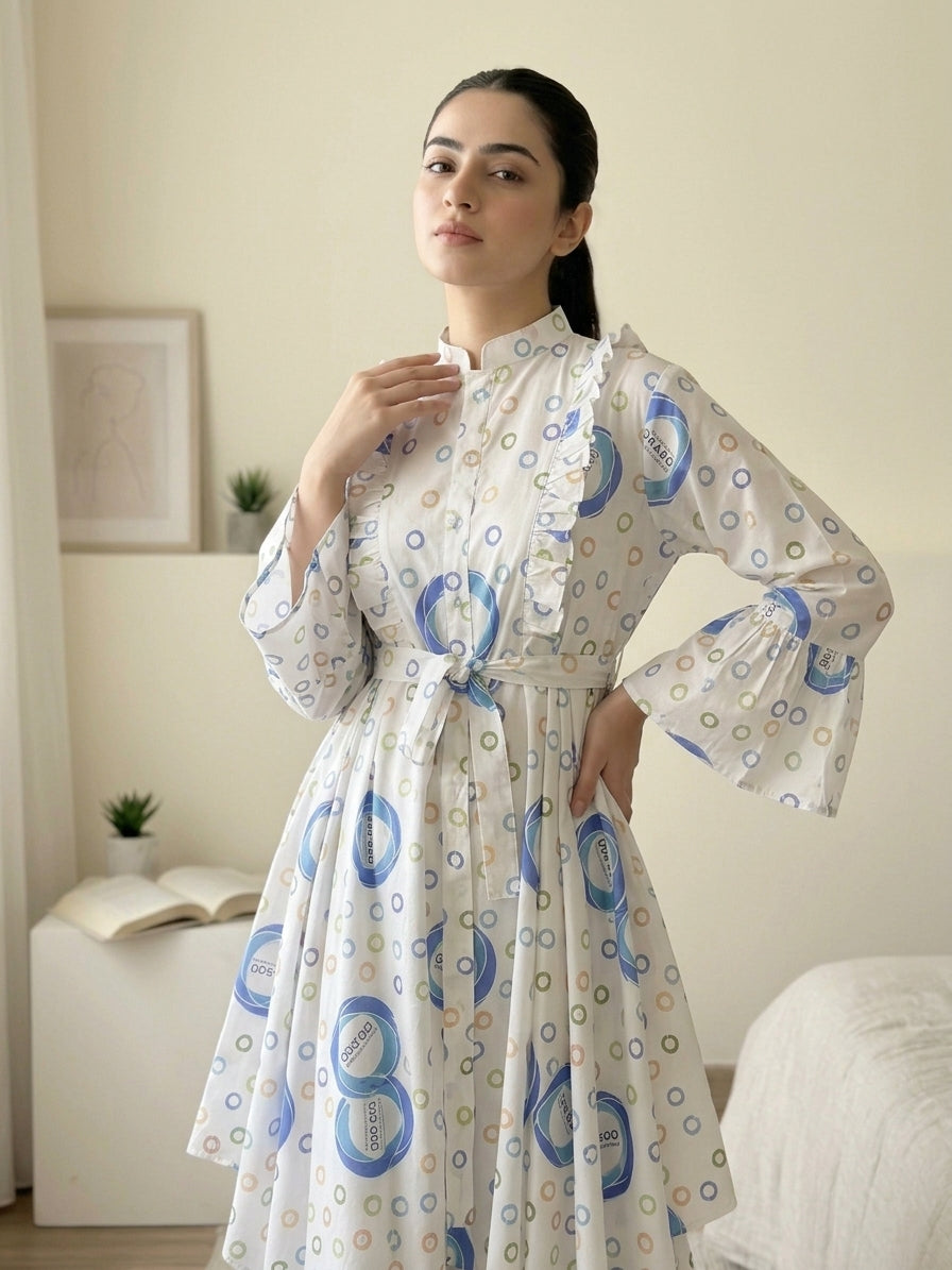 CRD020 Ruffled 2-Piece Cotton Dress (Top + Trouser)