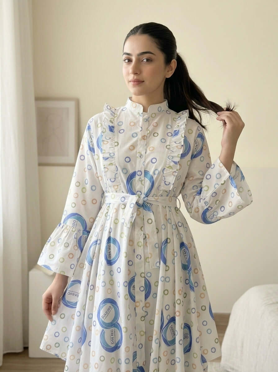 CRD020 Ruffled 2-Piece Cotton Dress (Top + Trouser)