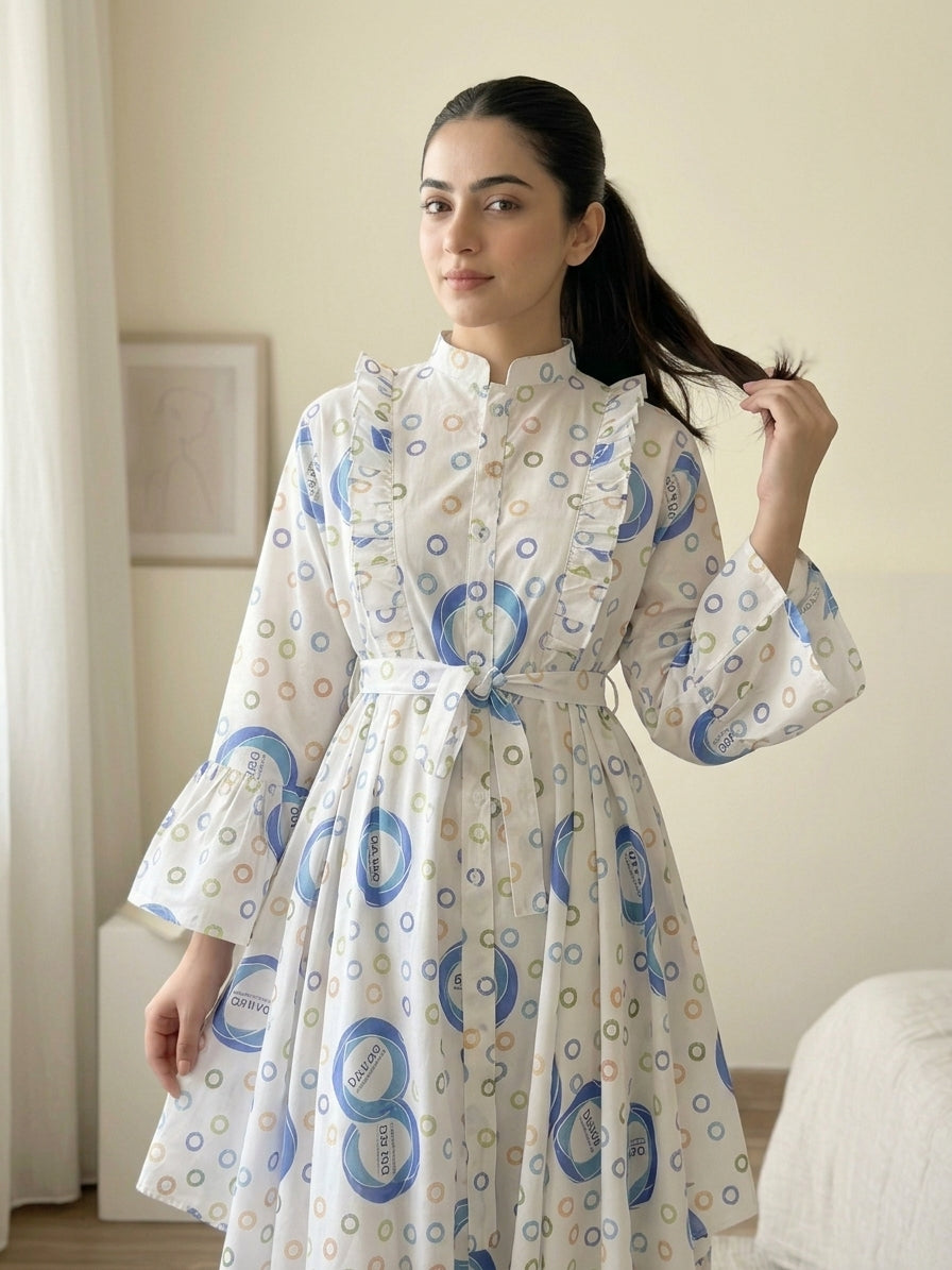 CRD020 Ruffled 2-Piece Cotton Dress (Top + Trouser)