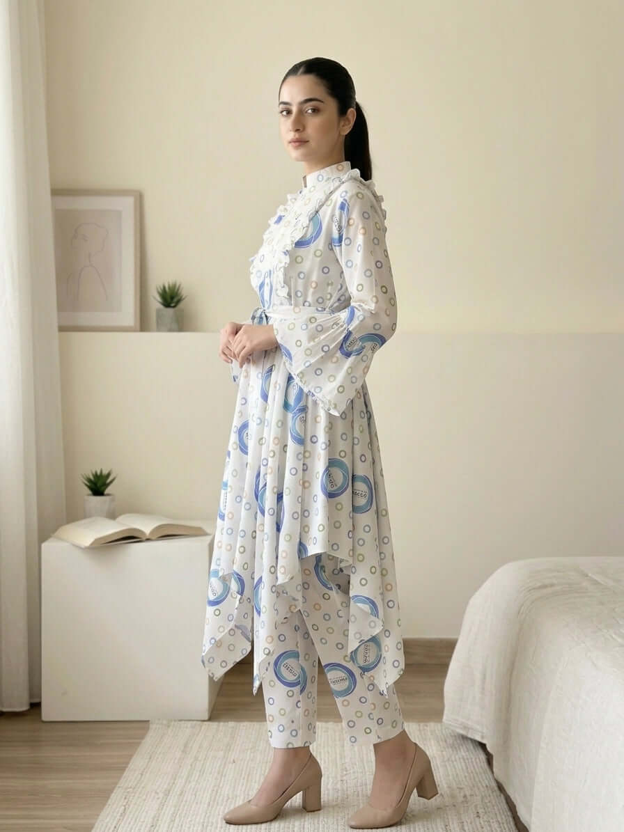 CRD020 Ruffled 2-Piece Cotton Dress (Top + Trouser)