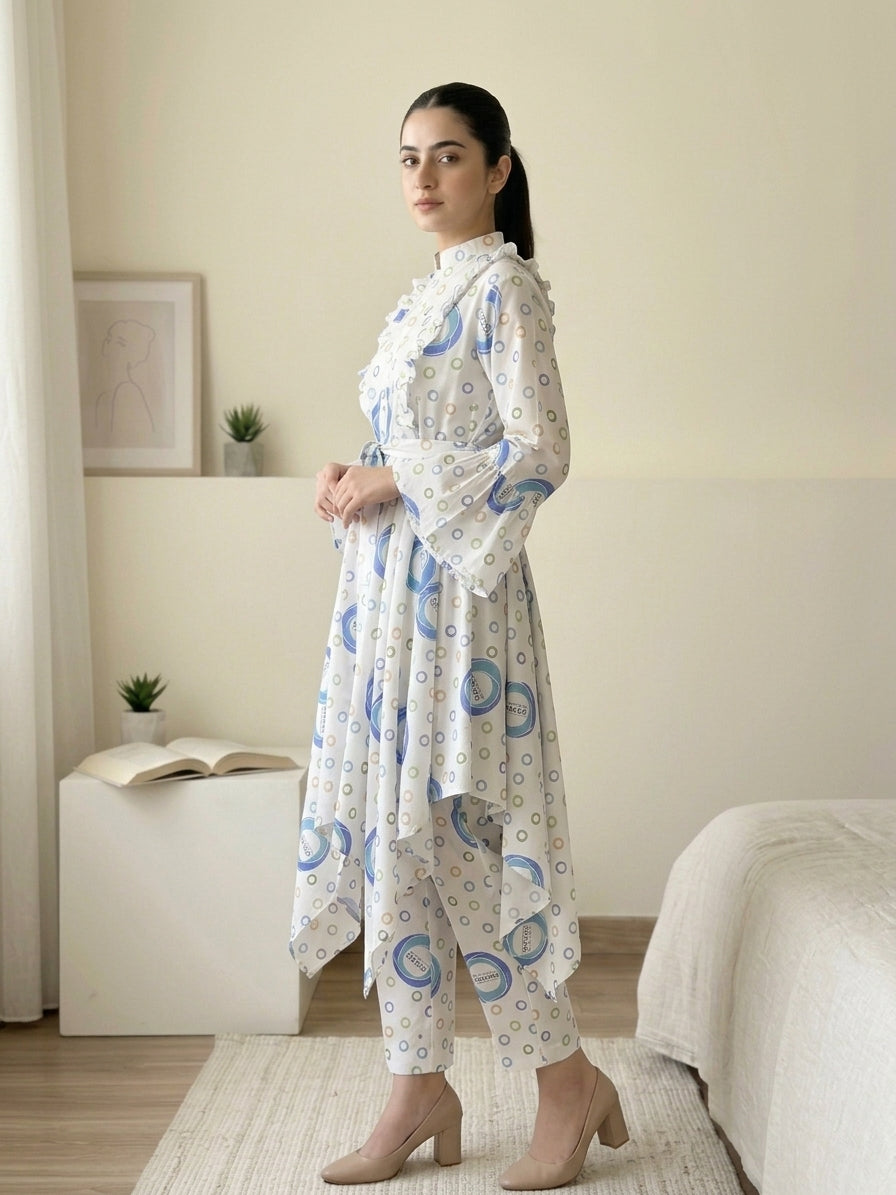 CRD020 Ruffled 2-Piece Cotton Dress (Top + Trouser)