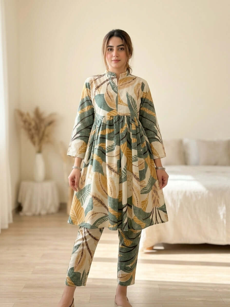 CLF075 Tropical Leaf Printed 2-Piece Stitched Frock Set