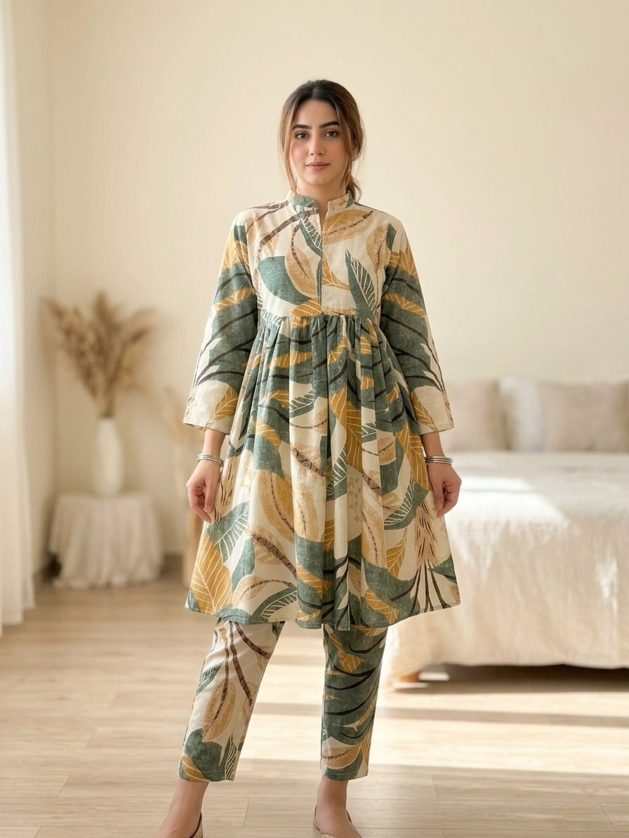 CLF075 Tropical Leaf Printed 2-Piece Stitched Frock Set