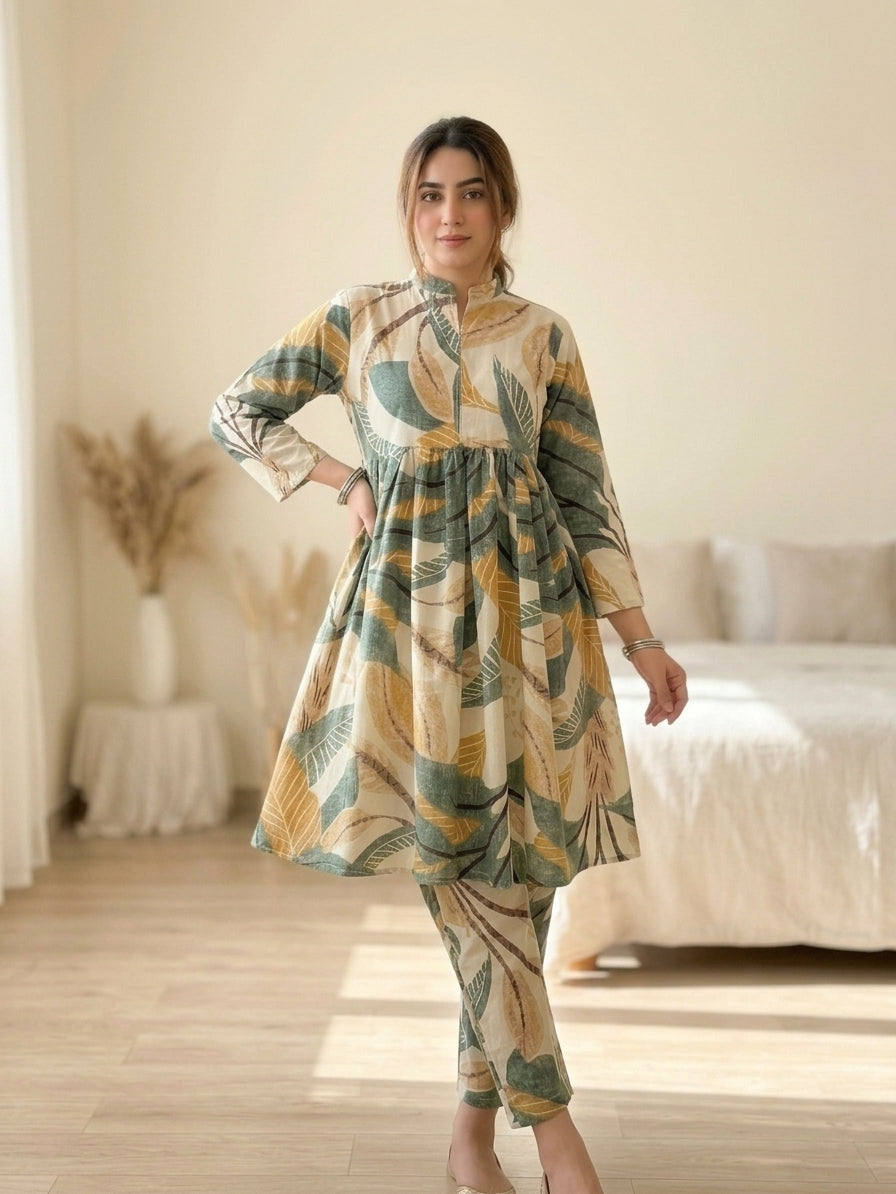 CLF075 Tropical Leaf Printed 2-Piece Stitched Frock Set