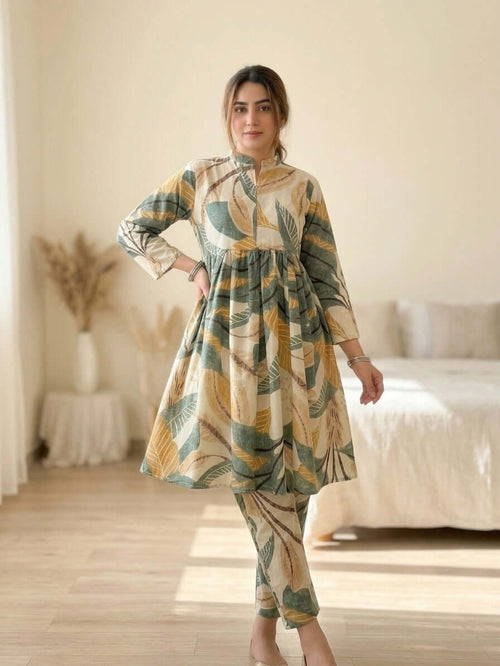 CLF075 Tropical Leaf Printed 2-Piece Stitched Frock Set