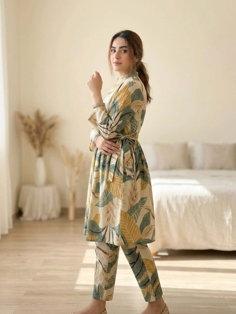 CLF075 Tropical Leaf Printed 2-Piece Stitched Frock Set