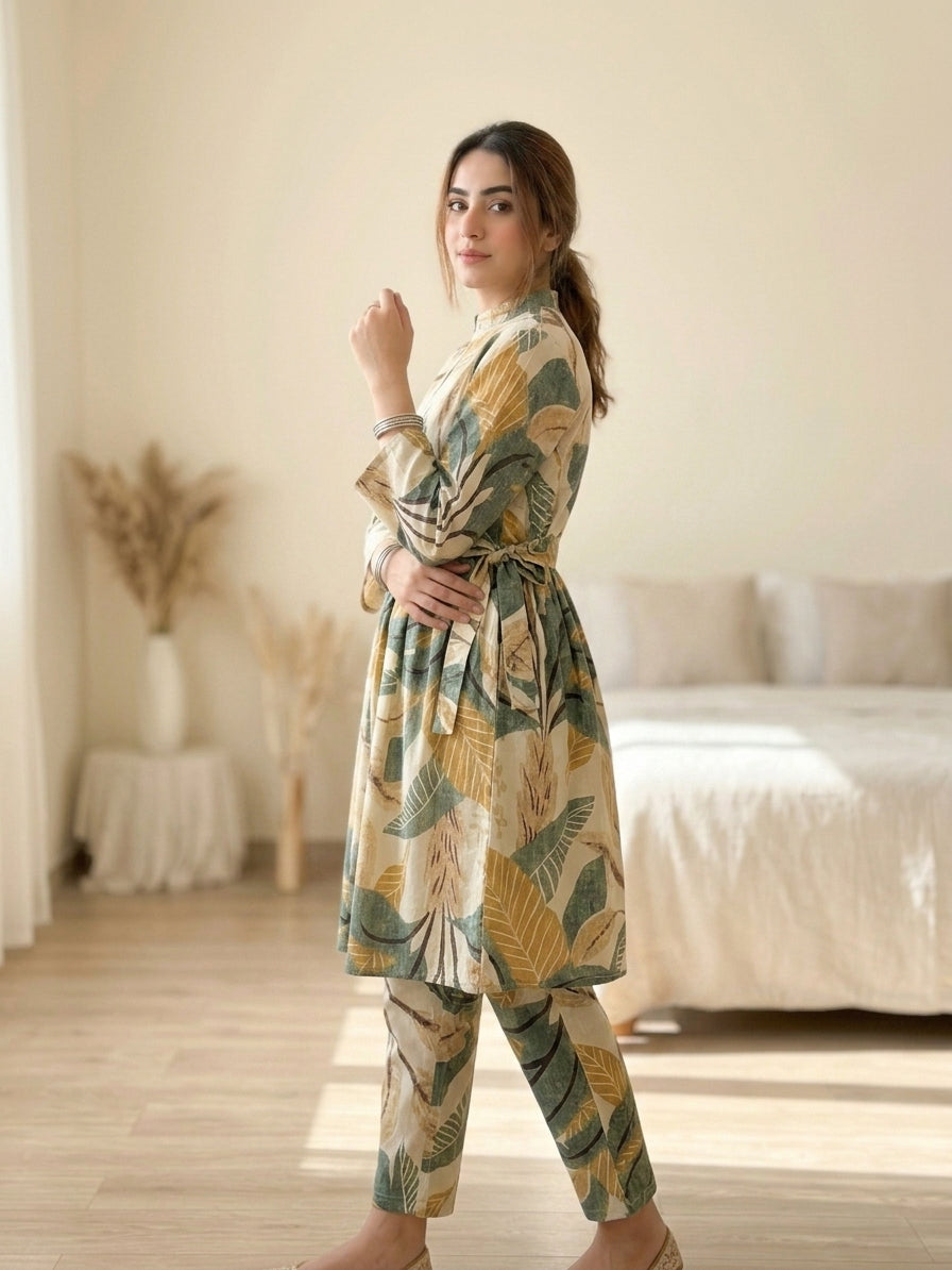CLF075 Tropical Leaf Printed 2-Piece Stitched Frock Set