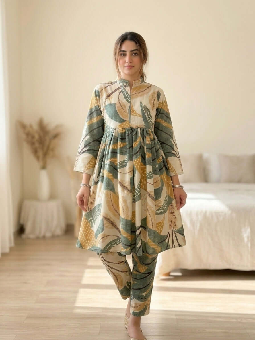 CLF075 Tropical Leaf Printed 2-Piece Stitched Frock Set