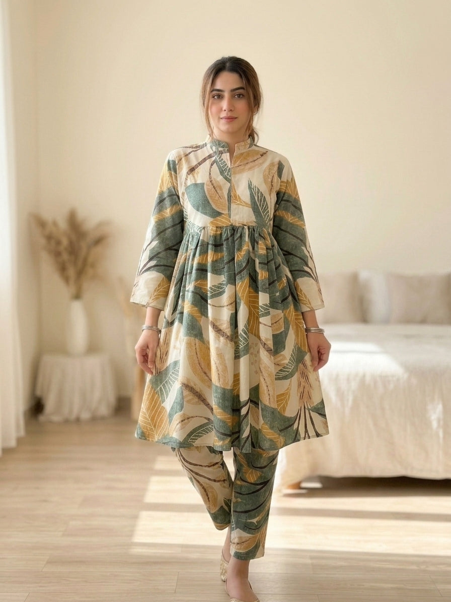 CLF075 Tropical Leaf Printed 2-Piece Stitched Frock Set