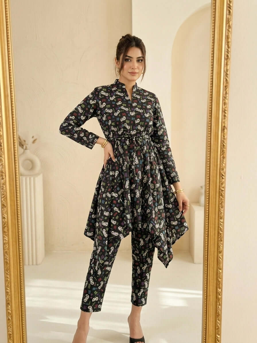 CRD022 Chic Black Flowing Frock & Trouser Set