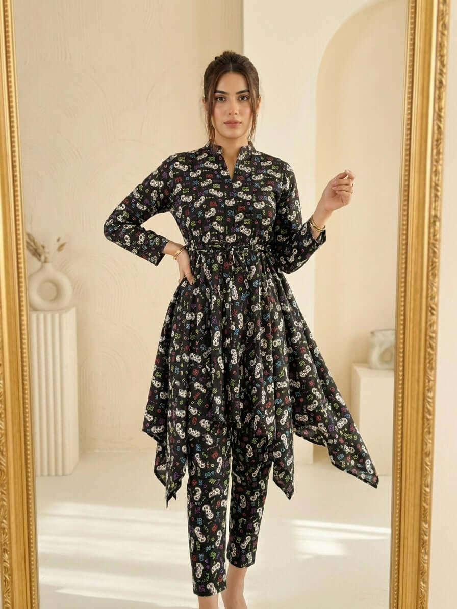 CRD022 Chic Black Flowing Frock & Trouser Set