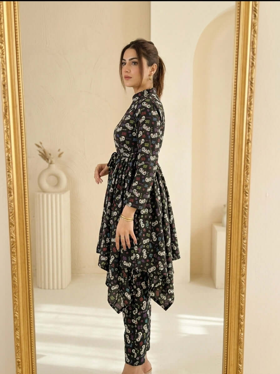 CRD022 Chic Black Flowing Frock & Trouser Set