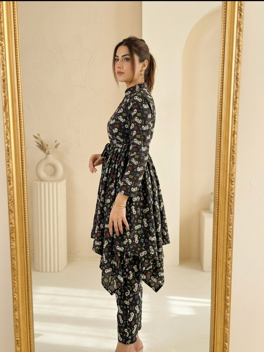 CRD022 Chic Black Flowing Frock & Trouser Set