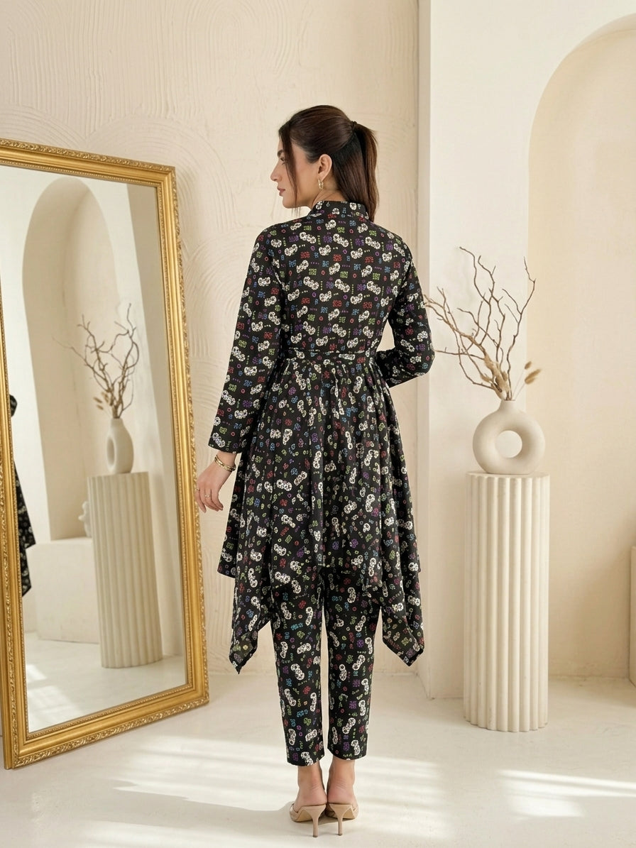 CRD022 Chic Black Flowing Frock & Trouser Set